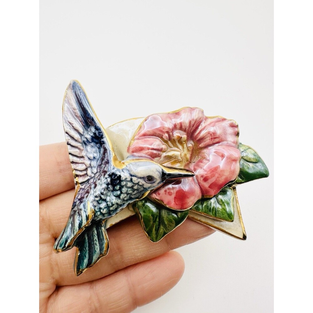 Handcrafted Ceramic Hummingbird Flower Brooch 22k Gold Trim